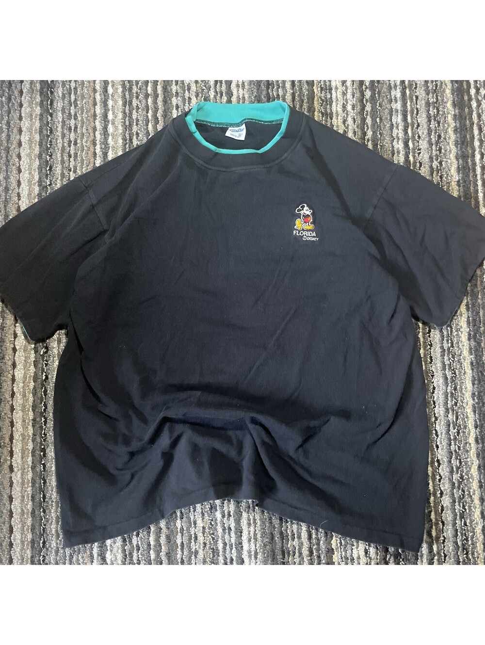 Vintage 90s Mickey Mouse Florida Black T-Shirt Green Lined Velva Sheen XL